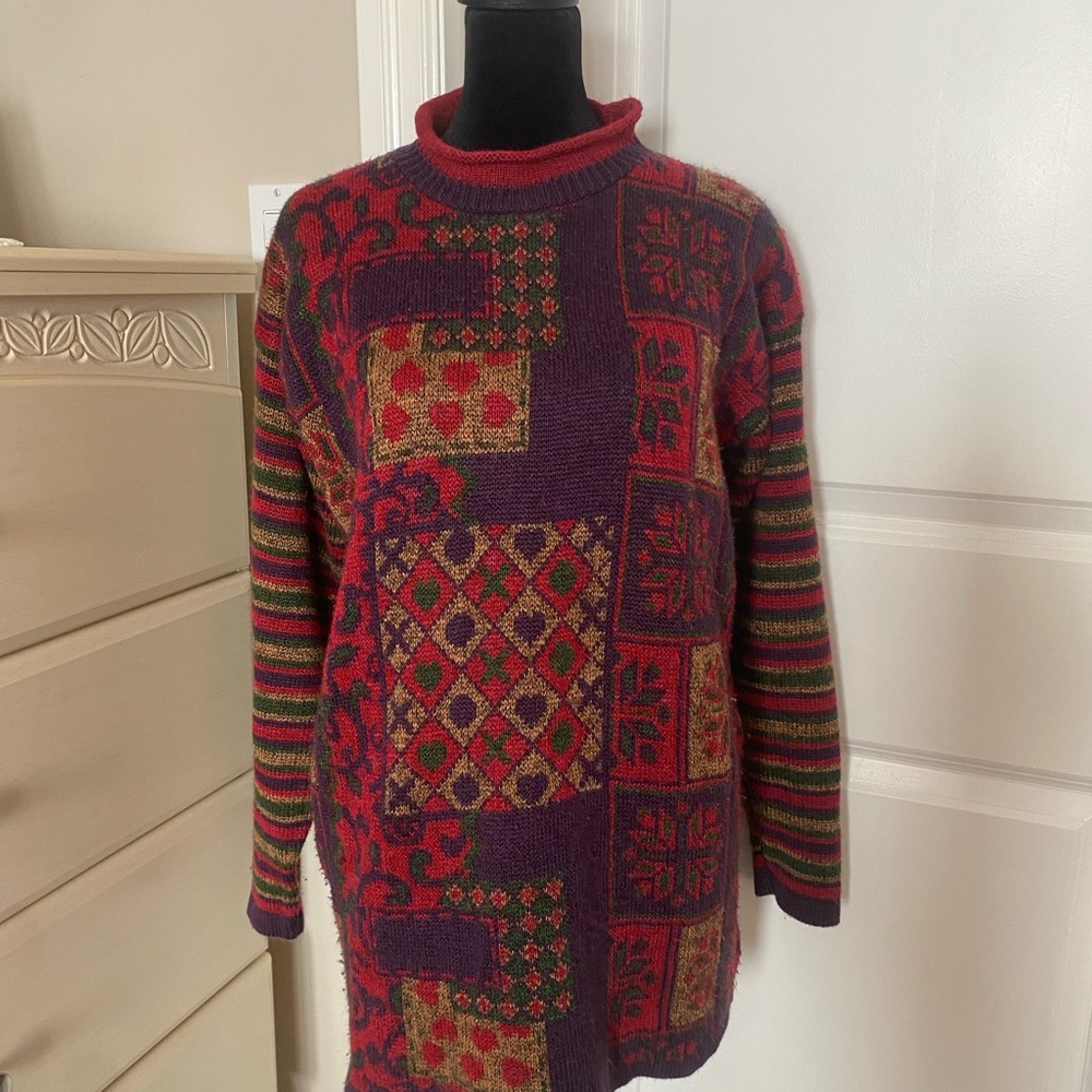 RARE Vintage 1980s Colourful Patchwork Turtleneck Sweater | Size L | Oversized